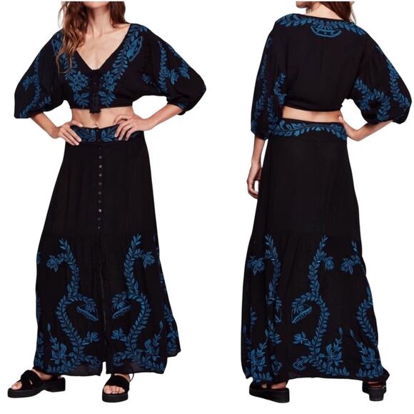 2 pc Set FREE PEOPLE Embroidered Crop Top & Maxi Skirt - Picture 1 of 8
